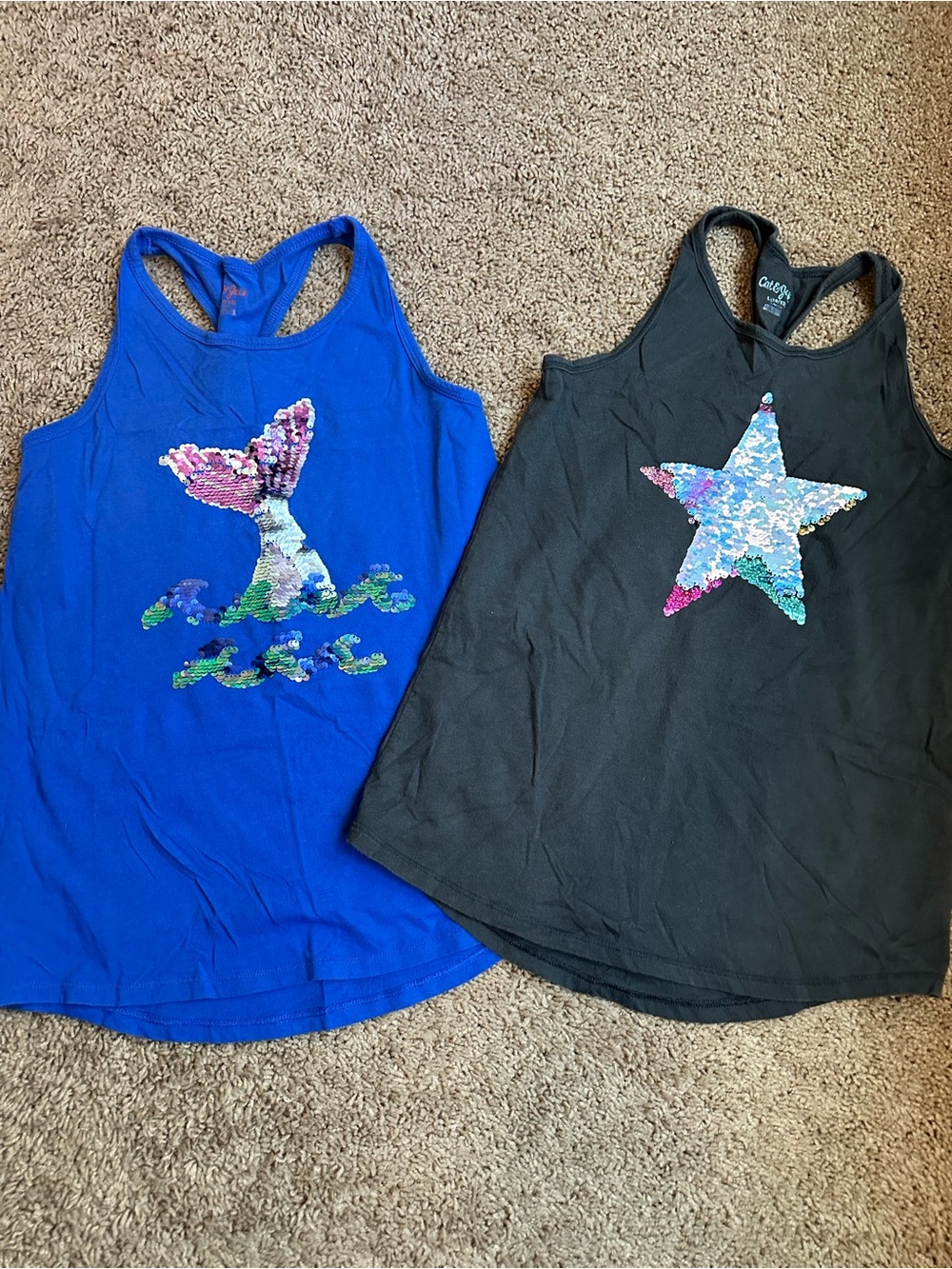 Cat & Jack Blue and Black Sequin Mermaid & Star Tank Tops